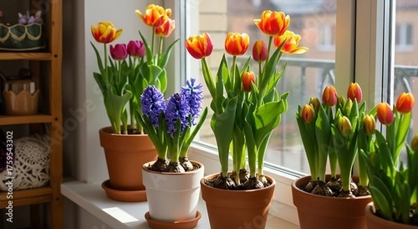 Fototapeta Vibrant tulips and hyacinth flowers in pots on a windowsill under natural light