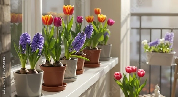 Fototapeta Vibrant tulips and hyacinths in pots on a windowsill with natural light