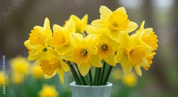 Fototapeta Vibrant yellow daffodils in full bloom against a blurred natural background