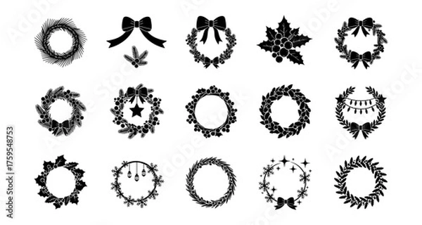 Fototapeta Elegant christmas wreath silhouettes with festive decorations and bows