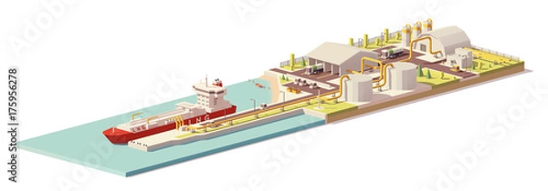 Fototapeta Vector low poly LNG terminal i LNG carrier ship