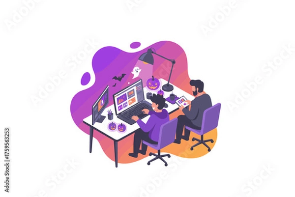 Fototapeta Coworkers collaborate on creative tasks in a festive Halloween office setting working on computers