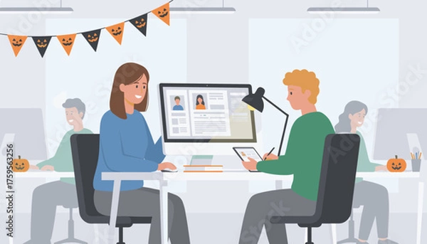 Fototapeta Smiling colleagues collaborate in a festive Halloween office Professional teamwork and seasonal business