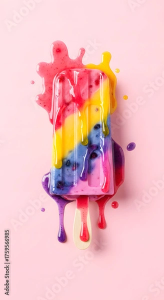 Fototapeta View of colorful melting frozen rainbow popsicles on a pink background