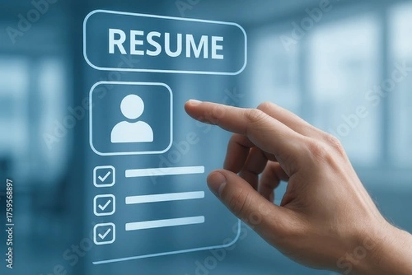 Fototapeta Hand Interacting with Digital Resume Interface on Blue Background in Modern Office Environment