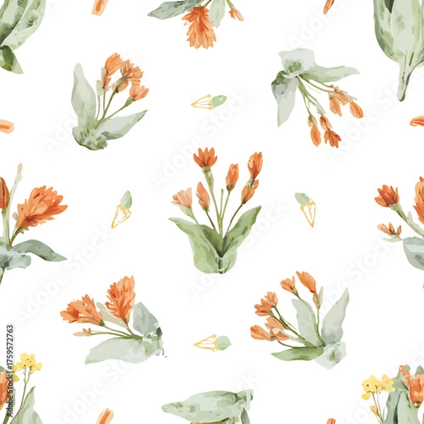 Fototapeta Seamless Abstract Watercolor Floral Pattern in Sage Green and Terracotta | Repeating Botanical Watercolor Design in Earthy Tones | Soft Sage and Terracotta Floral Seamless Background
