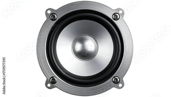 Fototapeta A close-up, centered view of a silver speaker with a metallic frame