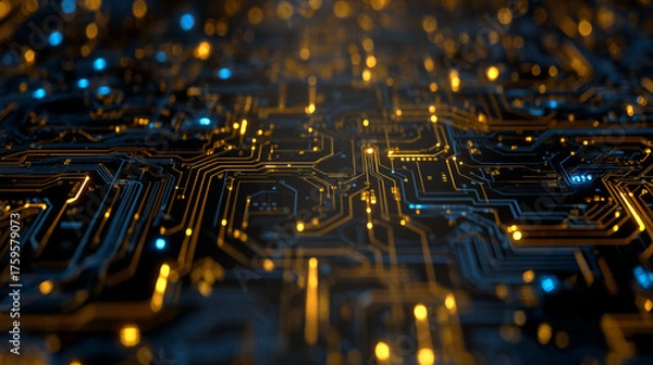 Obraz IT photo of an electronic circuit board glowing with light
