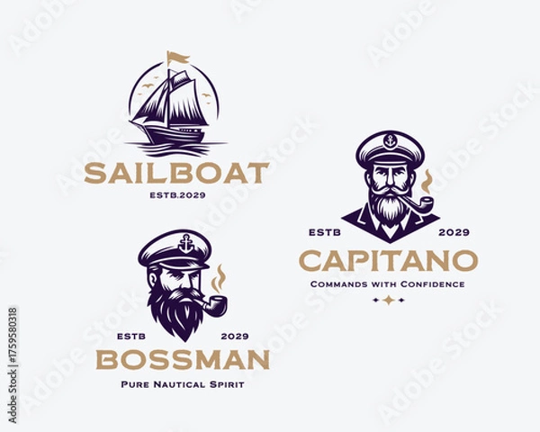 Obraz Marine sailor captain with pipe nautical logo template