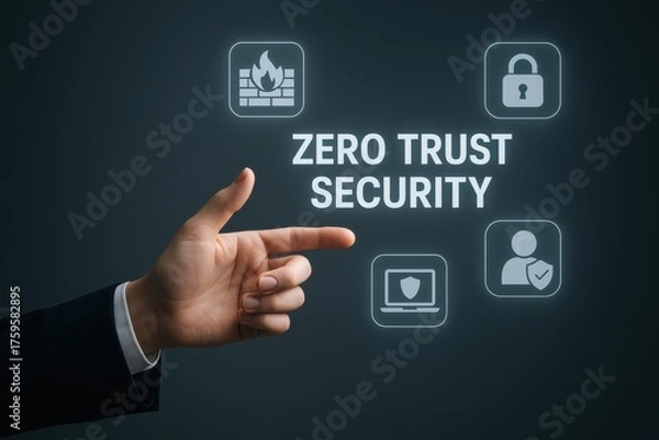 Fototapeta Hand Pointing at Zero Trust Security Concept with Icons of Protection and Digital Safety Measures