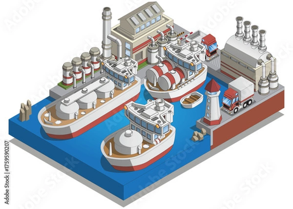 Obraz Sea industrial port. Isometric. Isolated on white background. Vector illustration.