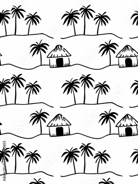 Obraz Minimilist seamless pattern featuring black and white tropical island with palm trees and huts repeating design 100 vector