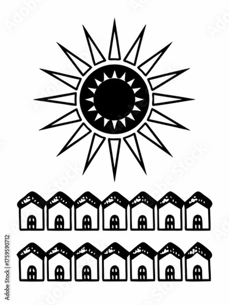 Obraz Minimilist illustration of a radiant sun shining over a neighborhood of houses in a simple black and white style vector