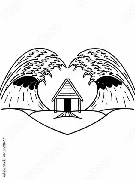 Obraz Minimilist illustration of a hut on a hill with large waves curling around it in a stylized black and white design vector