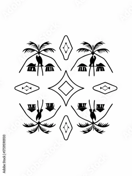 Obraz Minimilist symmetrical pattern featuring palm trees, huts, diamond shapes, and abstract figures in black and white design vector