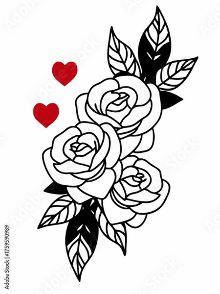 Obraz Minimilist three roses with leaves and two red hearts illustration on a white background in black and white style vector