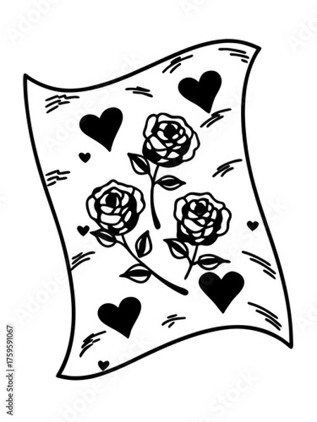 Obraz Minimilist stylized card with roses and hearts in a black and white design with a whimsical, hand drawn style vector