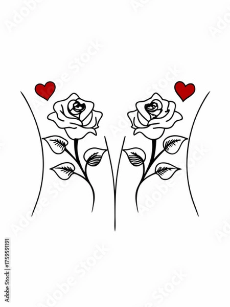 Obraz Minimilist two roses with leaves and stems aligned centrally with red hearts on each side in line art style vector