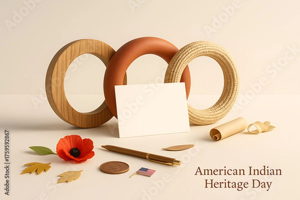 Fototapeta American indian heritage day celebration background with wooden rings, poppy flower, blank card and usa flag on beige minimalist surface