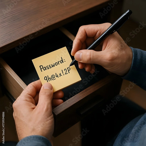 Fototapeta Person writing password on sticky note and hiding it in drawer.