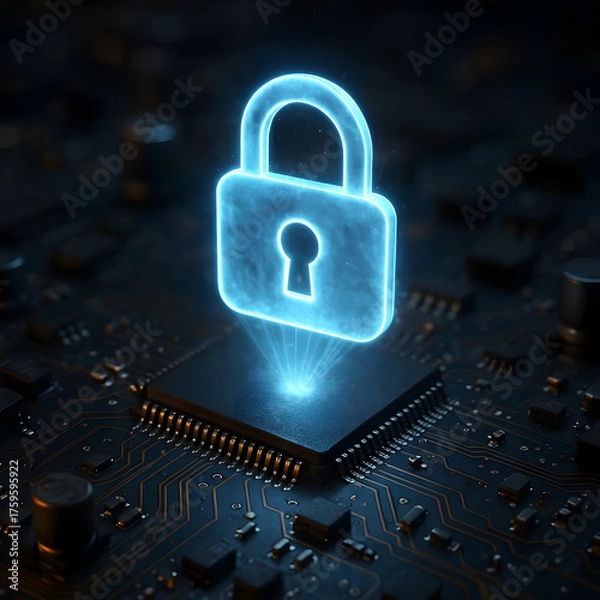 Obraz Close-up of circuit board with glowing lock hologram above it.