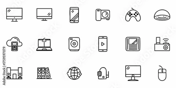 Fototapeta Outline icons showing modern tech gadgets and devices: computer, laptop, smartphone, camera, game controller, cloud storage, perfect for tech blogs and app designs