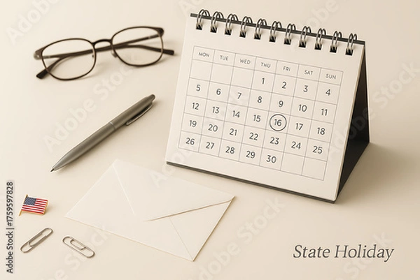 Fototapeta State holiday concept with desk calendar marked date glasses pen envelope and american flag pin on neutral background