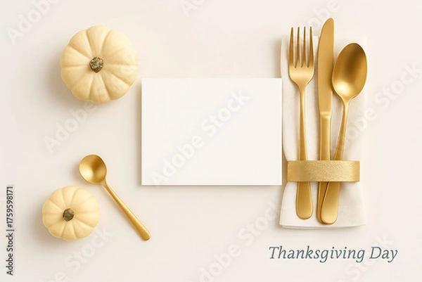 Fototapeta Thanksgiving day modern table setting with golden cutlery napkin and small pumpkins on cream background festive concept
