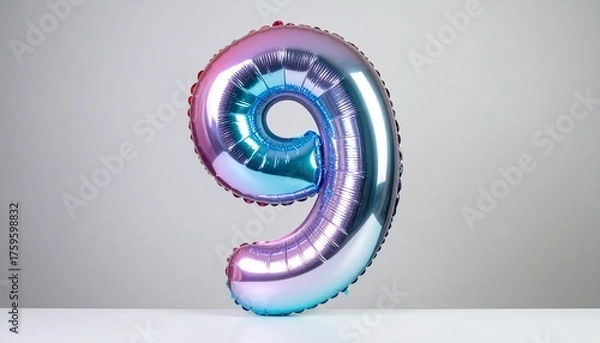 Fototapeta Foil balloon shaped like the number "9" with iridescent hues of purple, blue, and silver. Floating against a plain background, this vibrant and reflective composition is ideal for birthday branding, e