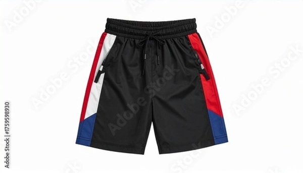 Fototapeta Men’s swim trunks with black base, angular color-blocked panels in white, blue, and black, and vertical red and blue side stripes. Featuring a drawstring waistband, this bold and modern design is idea