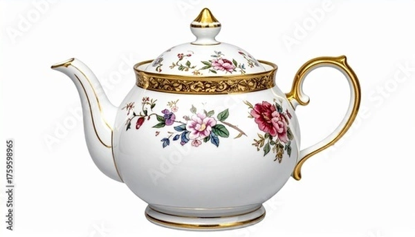 Fototapeta White porcelain teapot with floral patterns in pink, red, purple, and green, featuring gold accents on the rim, spout, handle, and lid. A refined and traditional design ideal for tea culture editorial