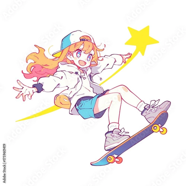Fototapeta スケボーで跳ぶ金髪少女のイラスト、笑顔、背景なし、素材、ストリートスタイル