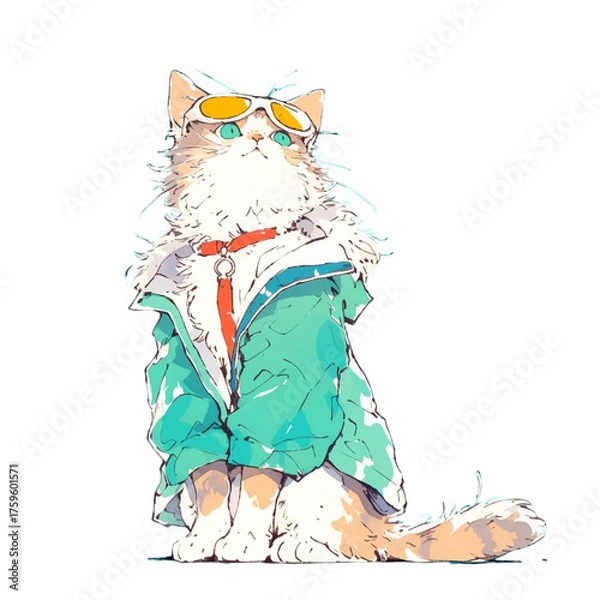 Fototapeta ジャケットを着ているおしゃれな猫、イラスト、背景なし、動物、ストリートスタイル、スタイリッシュ
