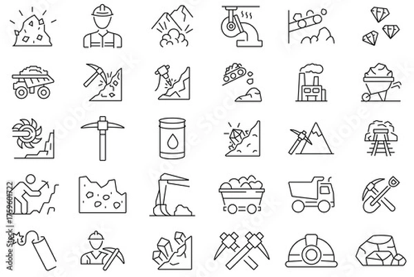Fototapeta Mining icon vector set.  Set of miner helmet, mineral, ingot, coal trolley, miner, excavator, ore, pickaxe, diamond, coal wagon. Vector illustration.