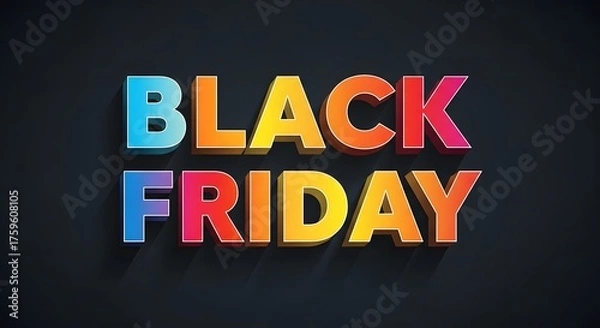 Fototapeta Bold, colorful text spelling out black friday with a shadow effect on a dark, textured background, representing the major shopping event