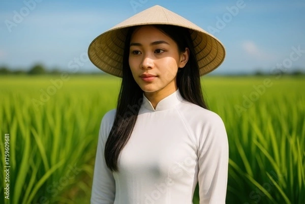 Fototapeta Vietnamese Woman in Traditional Ao Dai in Rice Field. AI Generative.