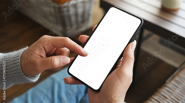 Obraz Close-up of a hand holding a device, displaying a blank screen, modern technology in use.