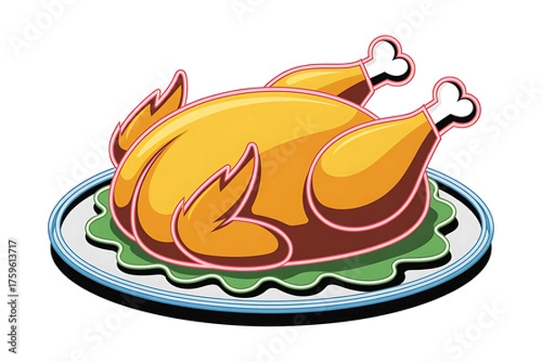 Fototapeta Roasted poultry centerpiece on a platter, surrounded by vibrant green foliage and a blue border.