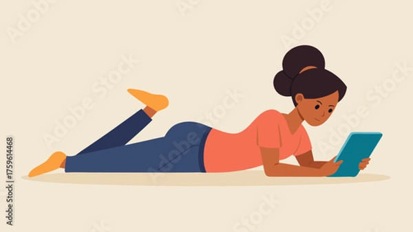 Obraz Woman on floor reading on a tablet in cartoon illustration