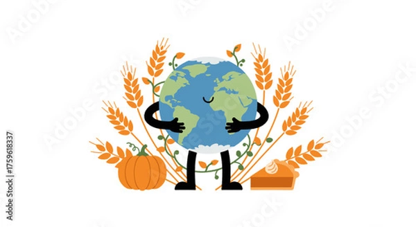 Obraz A cute cartoon Earth character embracing itself, surrounded by golden wheat stalks, a pumpkin, and a slice of pumpkin pie, symbolizing harvest and environmental care.