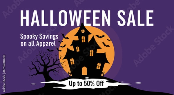 Fototapeta A Halloween sale graphic with a haunted house full moon and bats against a purple sky offering spooky savings on apparel