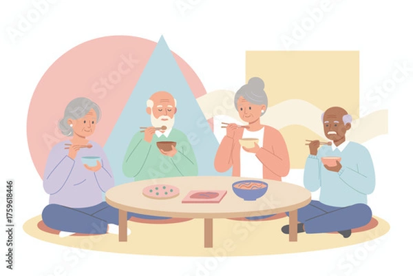 Fototapeta Diverse seniors enjoy a shared meal with chopsticks symbolizing community and healthy aging