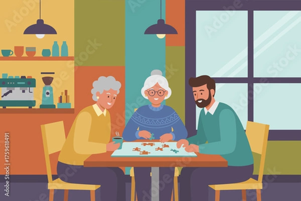 Fototapeta Happy multigenerational group solving a jigsaw puzzle at a cozy cafe enjoying leisure and social time