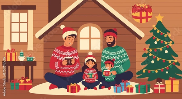 Fototapeta Family Enjoying Christmas Together with Hot Drinks.