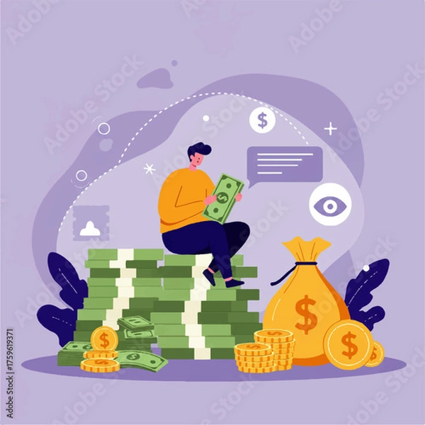 Fototapeta A person holding money sits atop a large stack of cash, contemplating.