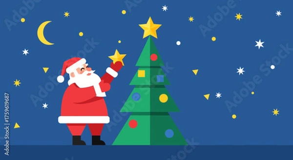 Fototapeta Santa Claus Decorating Christmas Tree with Star Ornament.