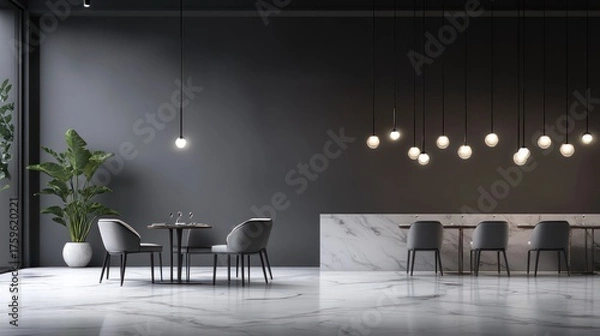 Obraz Dining room with table, bar, chairs, and lights, for a magazine article on interior design