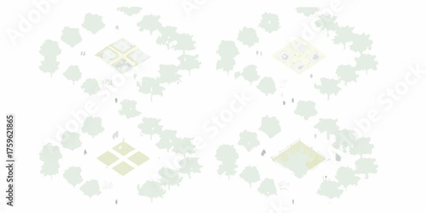 Fototapeta Abstract architectural diagram showing four stylized urban park designs with trees and people