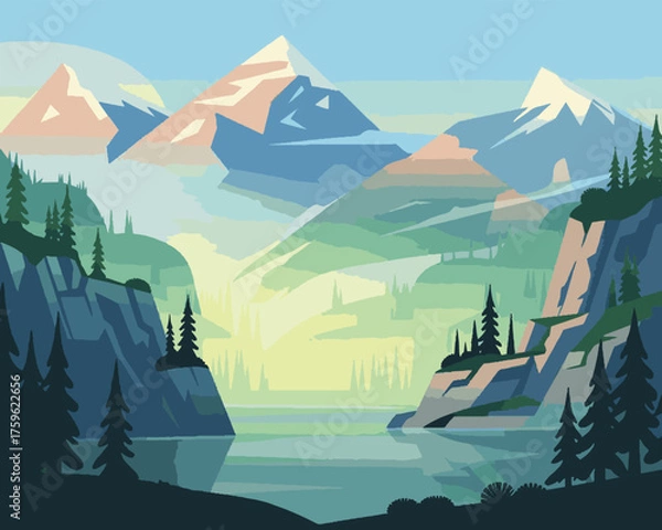 Obraz “Mountain Landscape Vector Illustration – Scenic Nature Design with Snowy Peaks and Serene Lake”