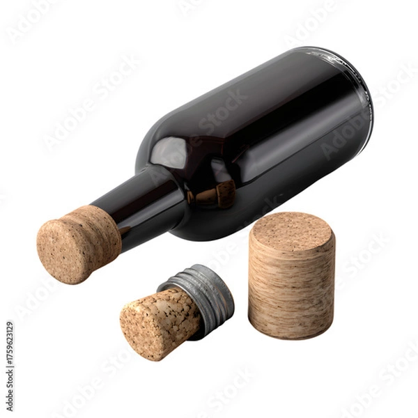 Fototapeta Dark glass bottle with corks isolated on transparent background, studio shot